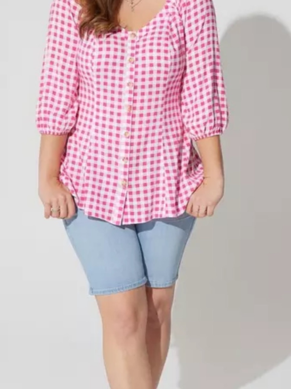 Torrid Fit Flare Button Up 3/4 Sleeve Gingham Pink Top 1X 14/16 NWT - Picture 5 of 15
